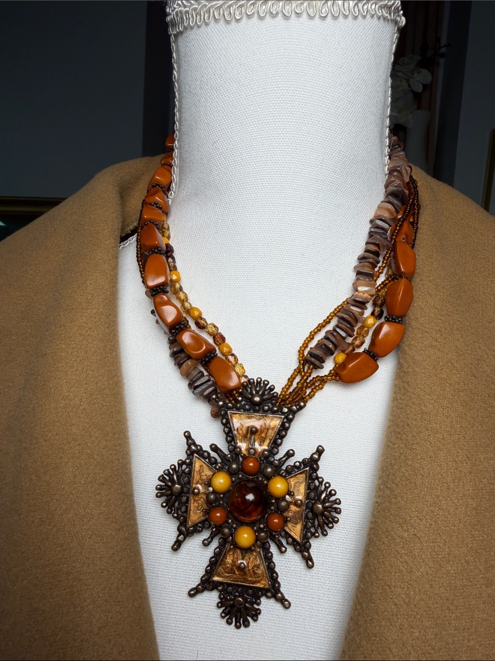 Bohemian Amber Cross Pendant Multi-Strand Necklace